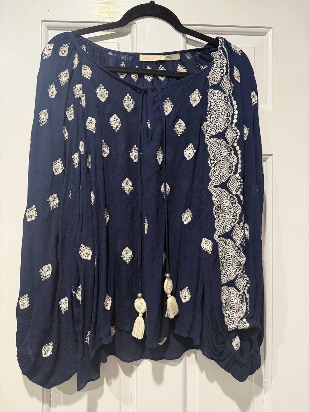 Ramy Brook Navy Peasant Blouse with White Embroidery and Tassels